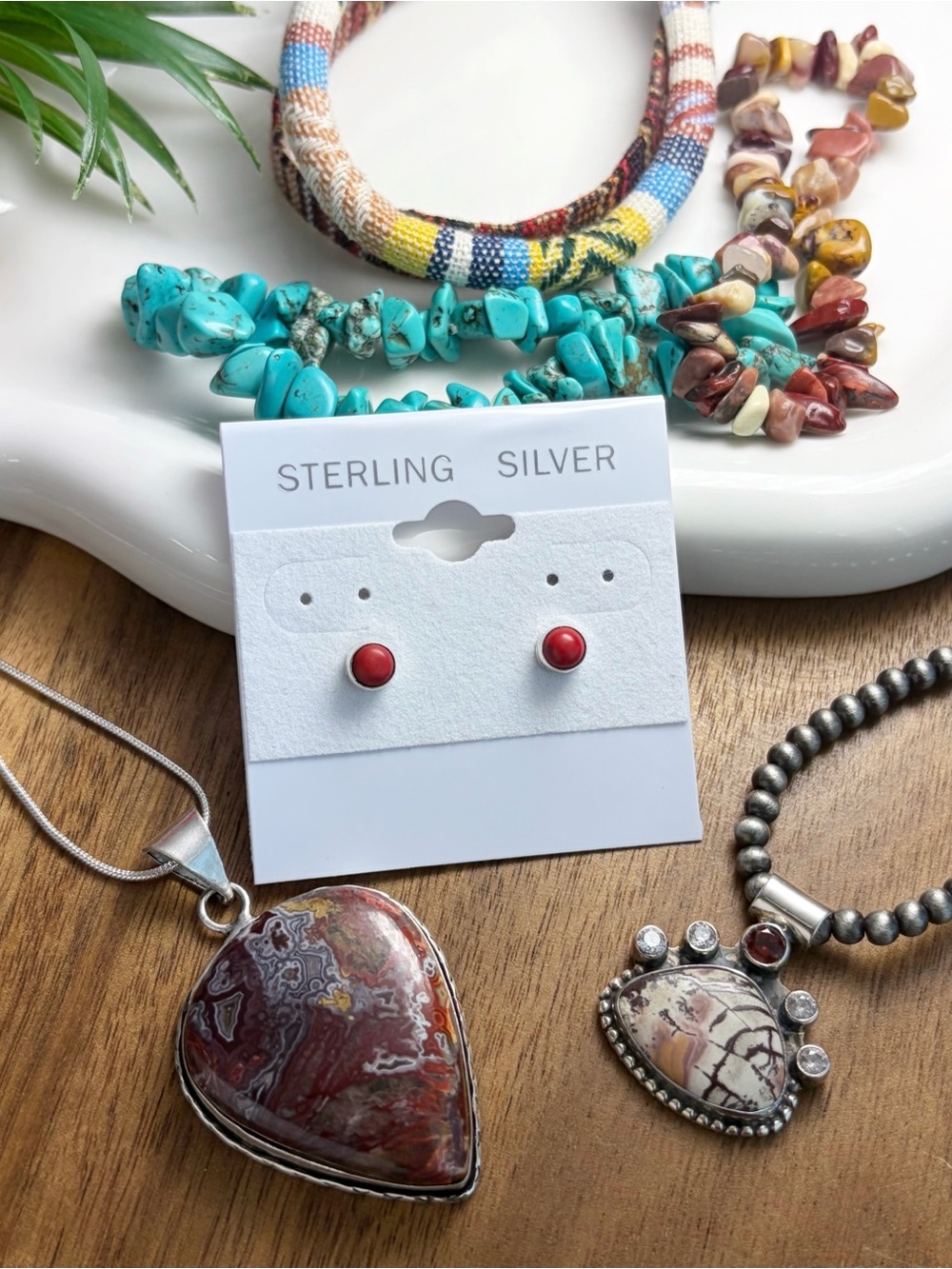 Sterling Silver 925 Garnet Jasper Pendant Lot Crazy Lace Agate Coral Turquoise
